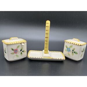 Vintage Floral Flowers Jam Jelly condiment jar Spoons and Handled Tray Yellow